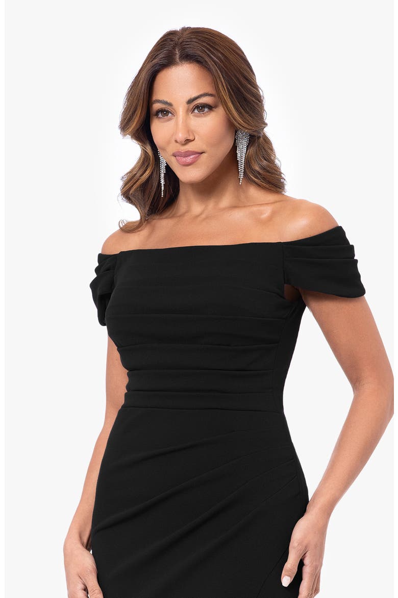 Ruched Off the Shoulder Scuba Crepe Trumpet Gown, Alternate, color, BLACK