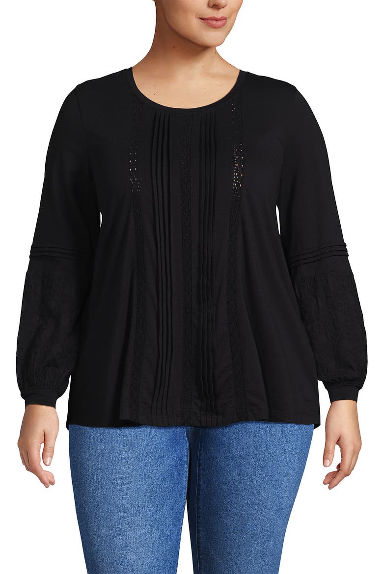 Lightweight Jersey Lace Mix Long Sleeve Pintuck Top, Main, color, Black