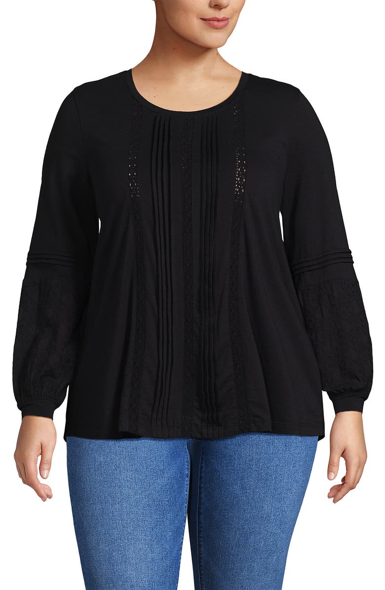 Lands' End Lightweight Jersey Lace Mix Long Sleeve Pintuck Top, Main, color, Black