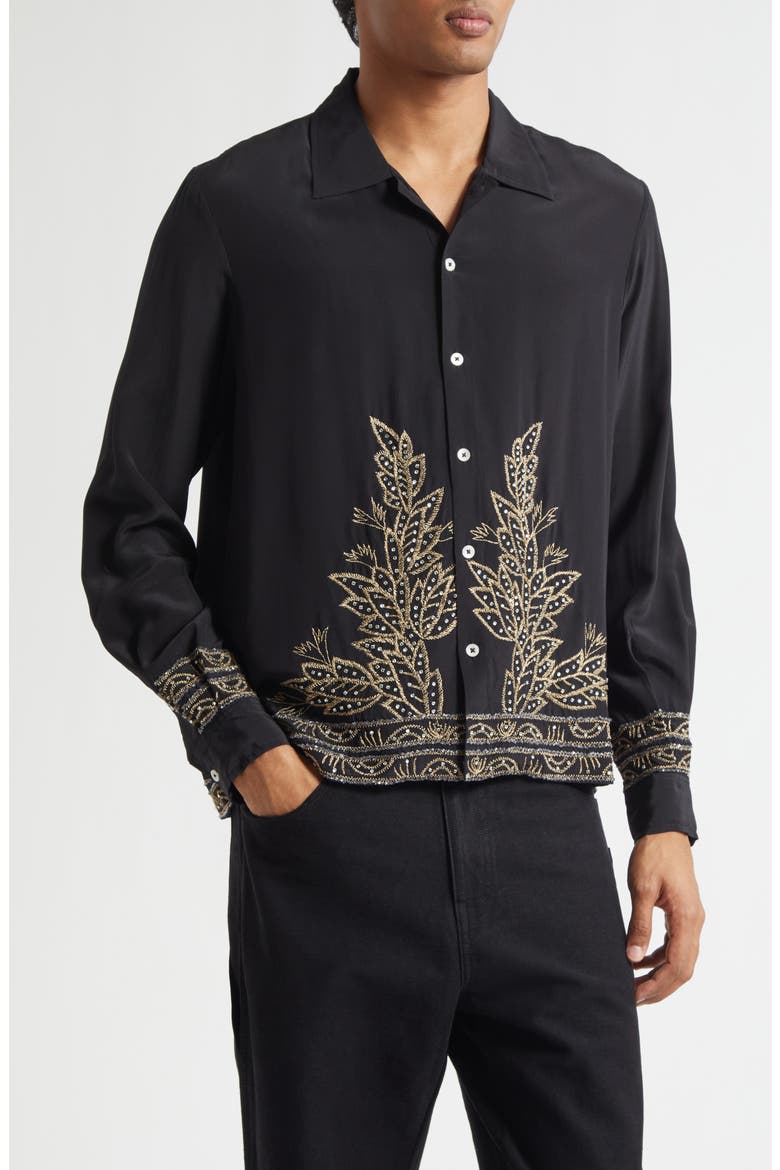 Beaded Epoque Silk Button-Up Shirt, Main, color, BLACK