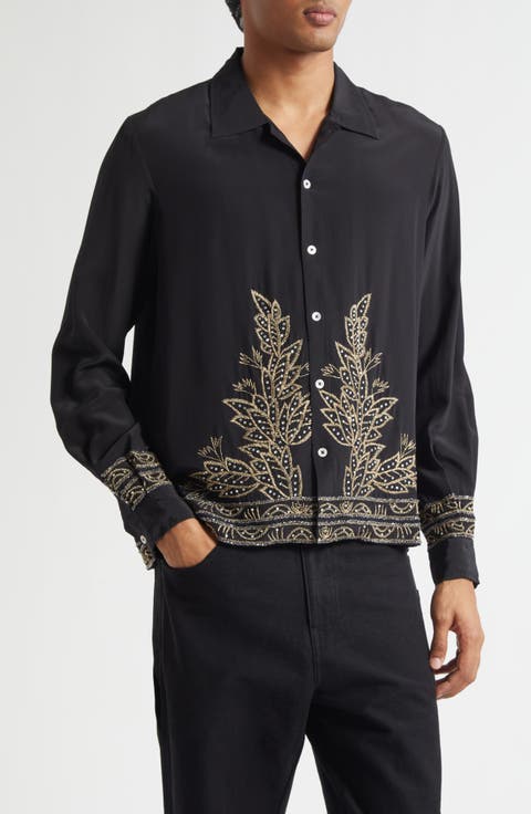 Beaded Epoque Silk Button-Up Shirt