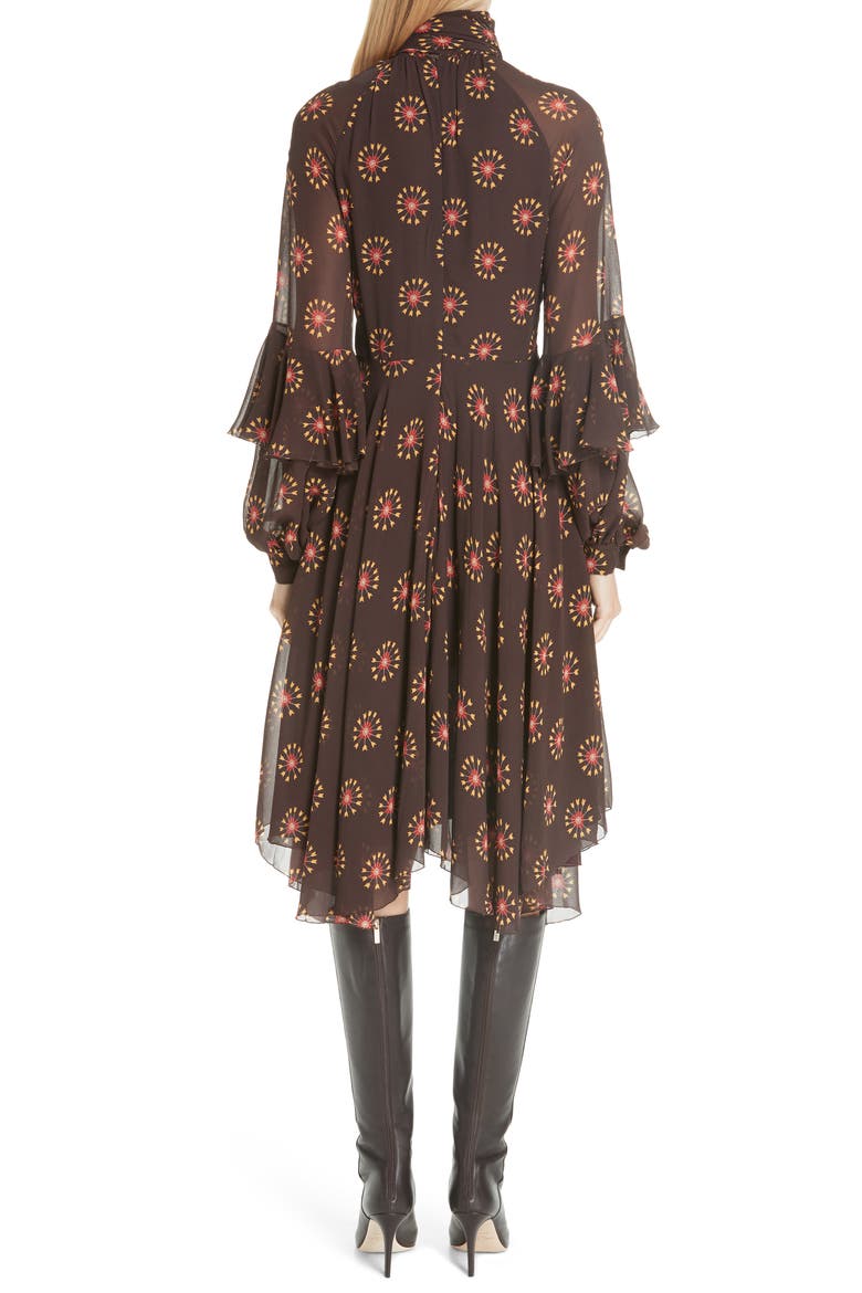 Ruffle Sleeve Print Silk Dress, Alternate, color, BROWN