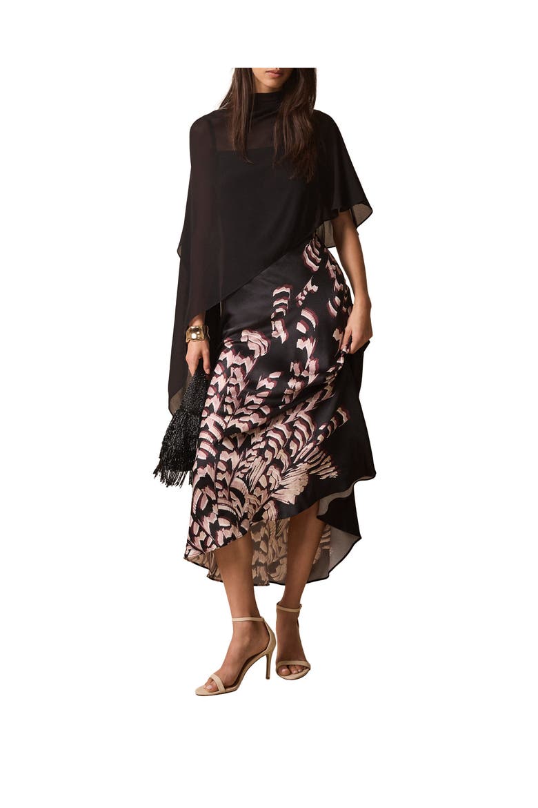 Satin Printed Cape Detail Maxi Dress, Main, color, Black