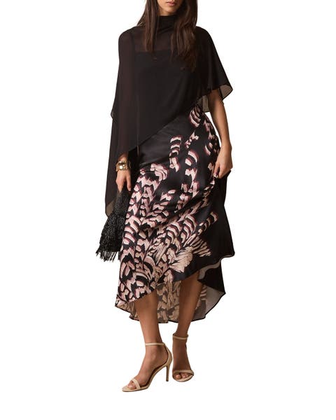 Satin Printed Cape Detail Maxi Dress