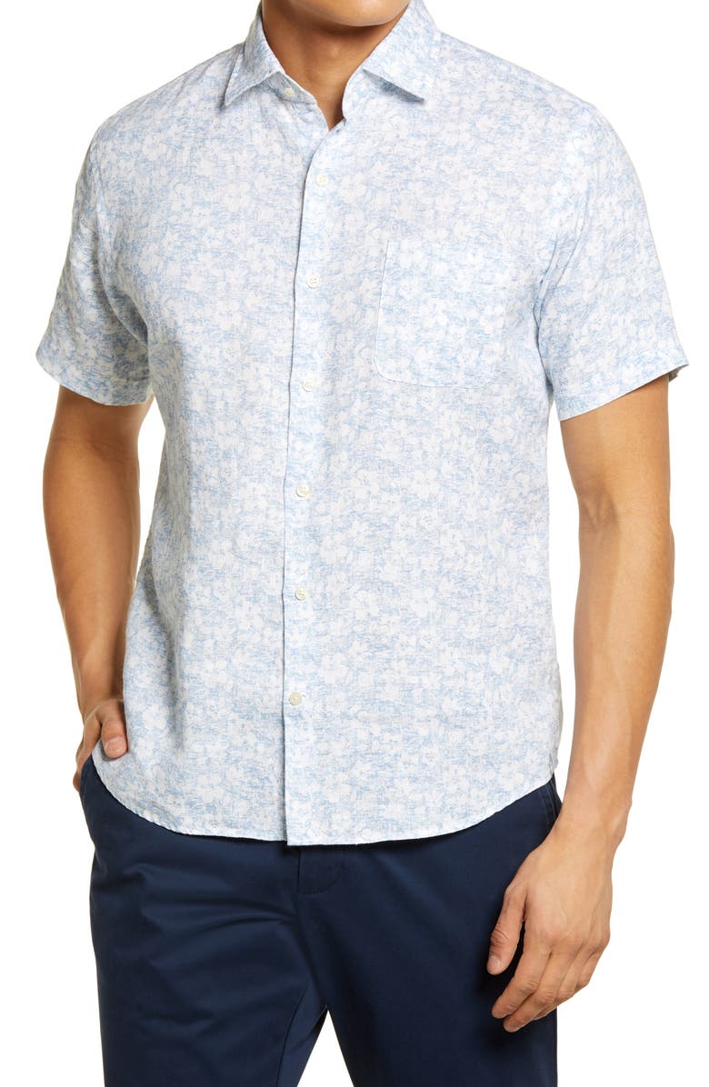 Peter Millar Seaside Floral Aura Short Sleeve Linen Button-Up Shirt, Main, color, 
