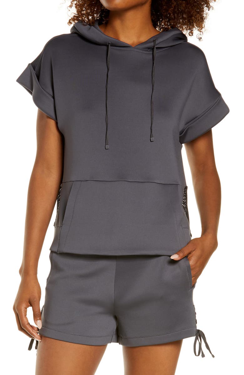 Blanc Noir Mesh Back Short Sleeve Hoodie, Main, color,