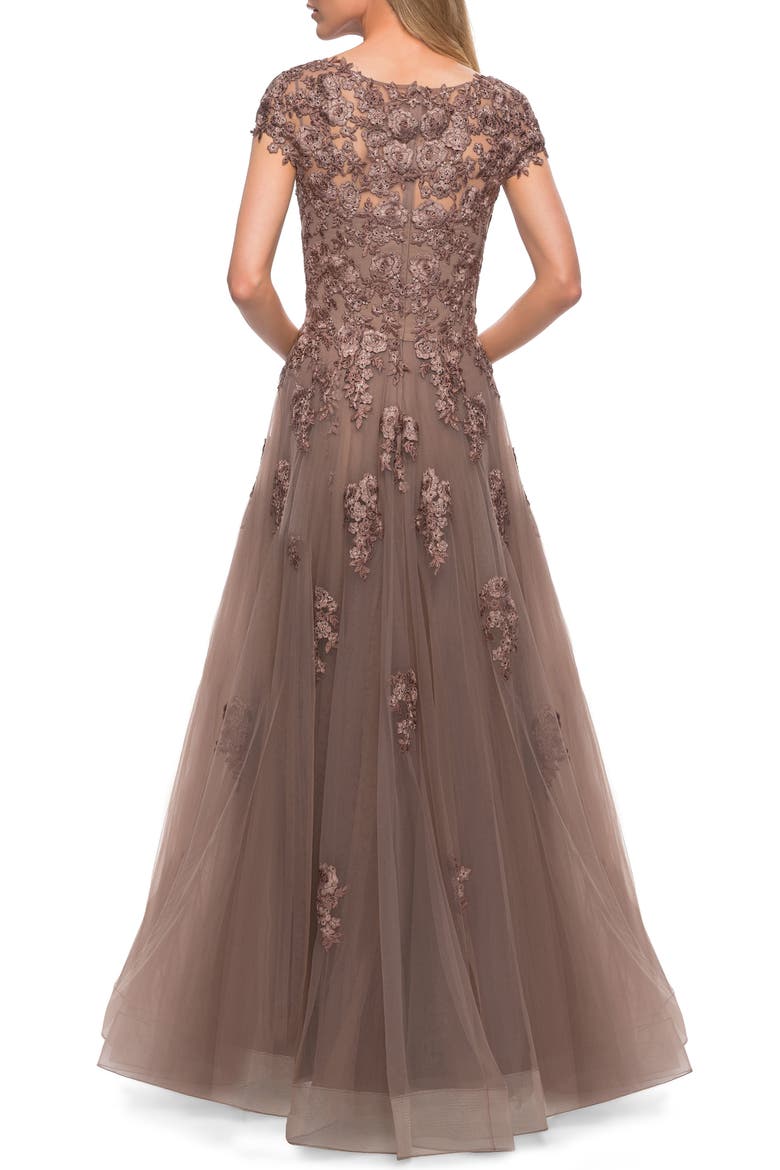 Long Tulle Gown with Intricate Lace Detailing, Alternate, color, COCOA