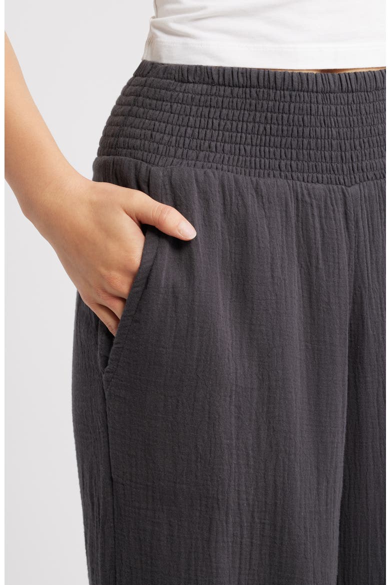 New Waves Smock Waist Cotton Gauze Pants, Alternate, color, BLACK SANDS