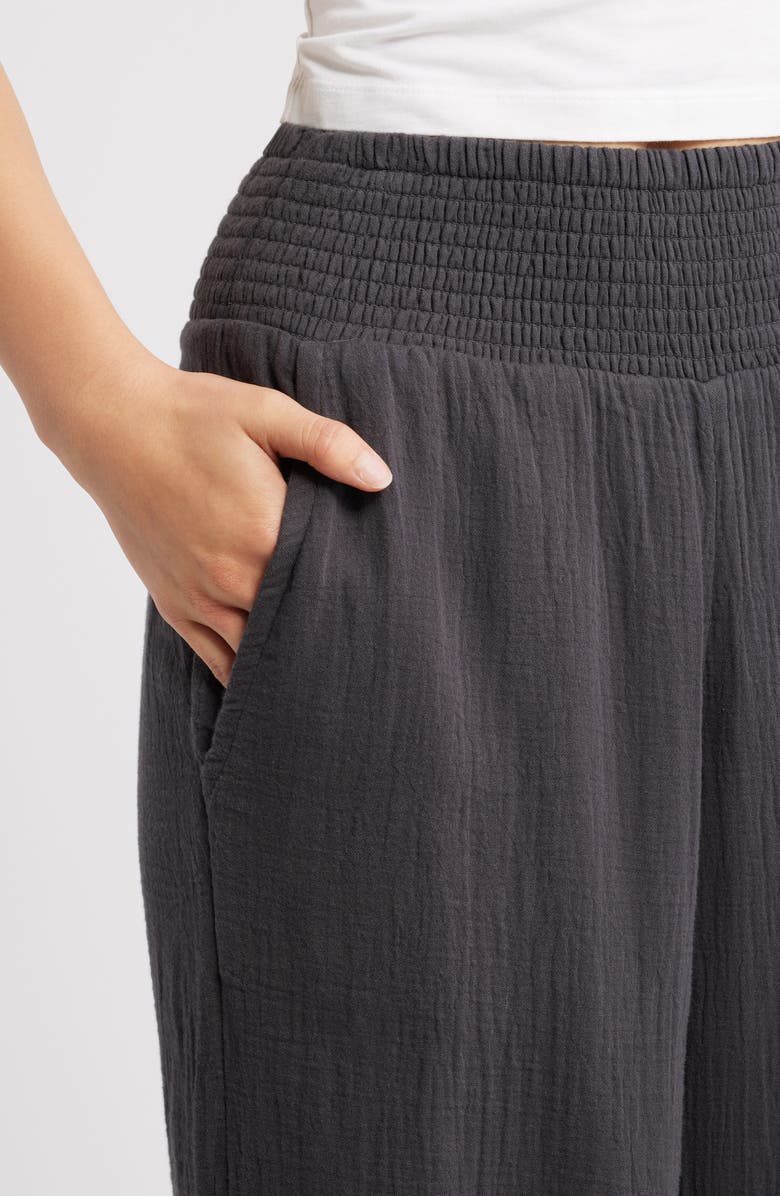 Billabong New Waves Smock Waist Cotton Gauze Pants, Alternate, color, Black Sands
