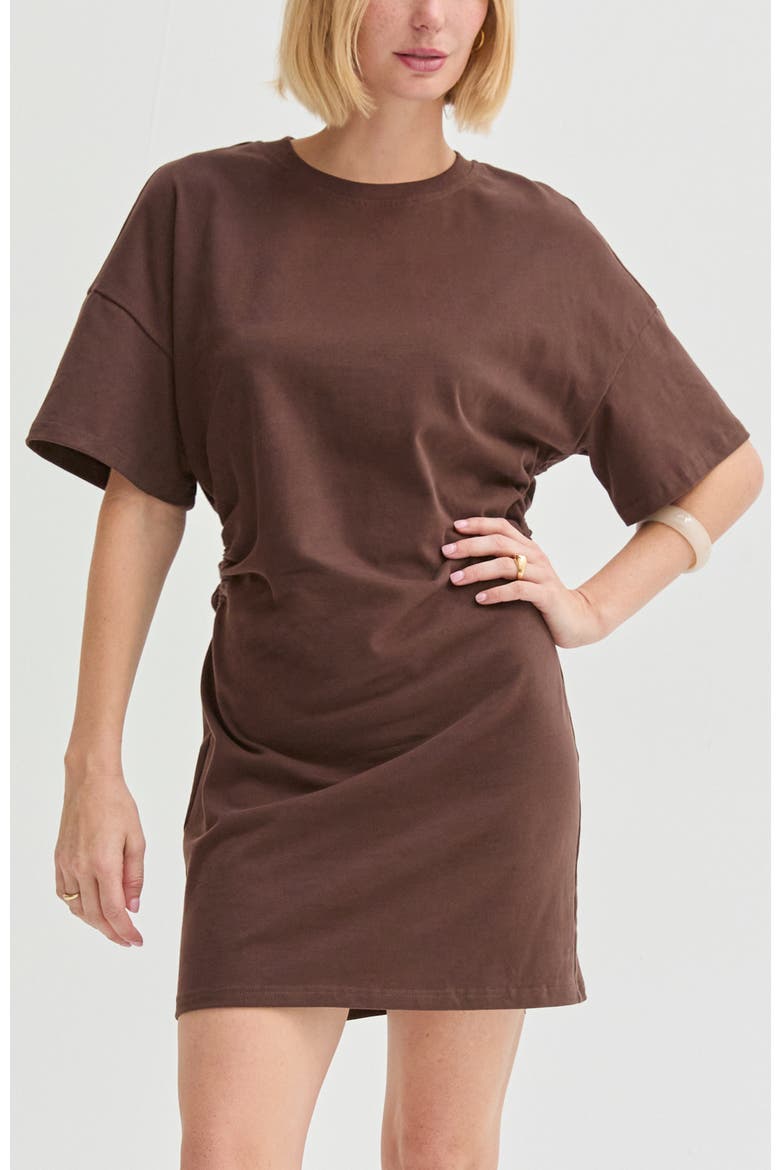 Elbow Sleeve Ruched T-shirt Mini Dress, Main, color, Brown
