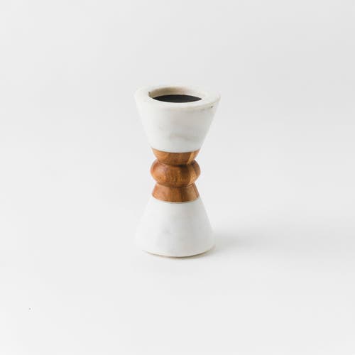 Mela Artisans Heirloom Marble & Acacia Candleholders In White