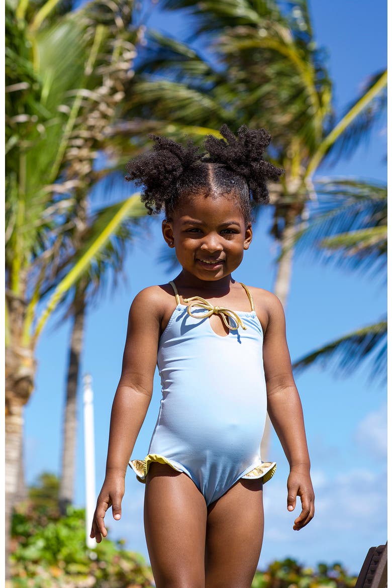 Keyhole Neckline with Bronze Tie and Ruffles One-Piece Swimsuit, Alternate, color, Blue