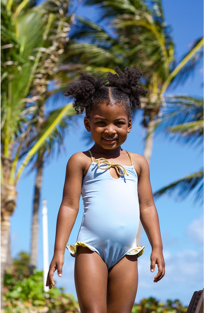 NESSI BYRD Keyhole Neckline with Bronze Tie and Ruffles One-Piece Swimsuit, Alternate, color, Blue