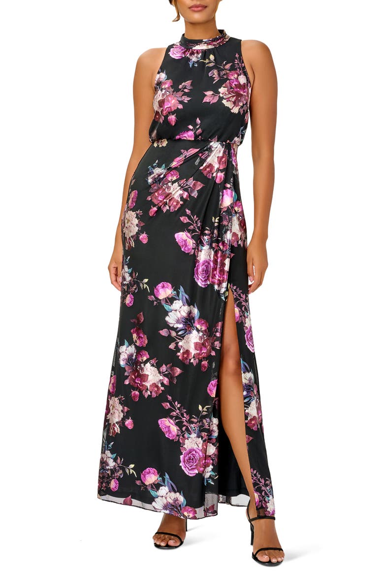 Floral Foil Sleeveless Front Slit Dress, Main, color, BLACK MULTI