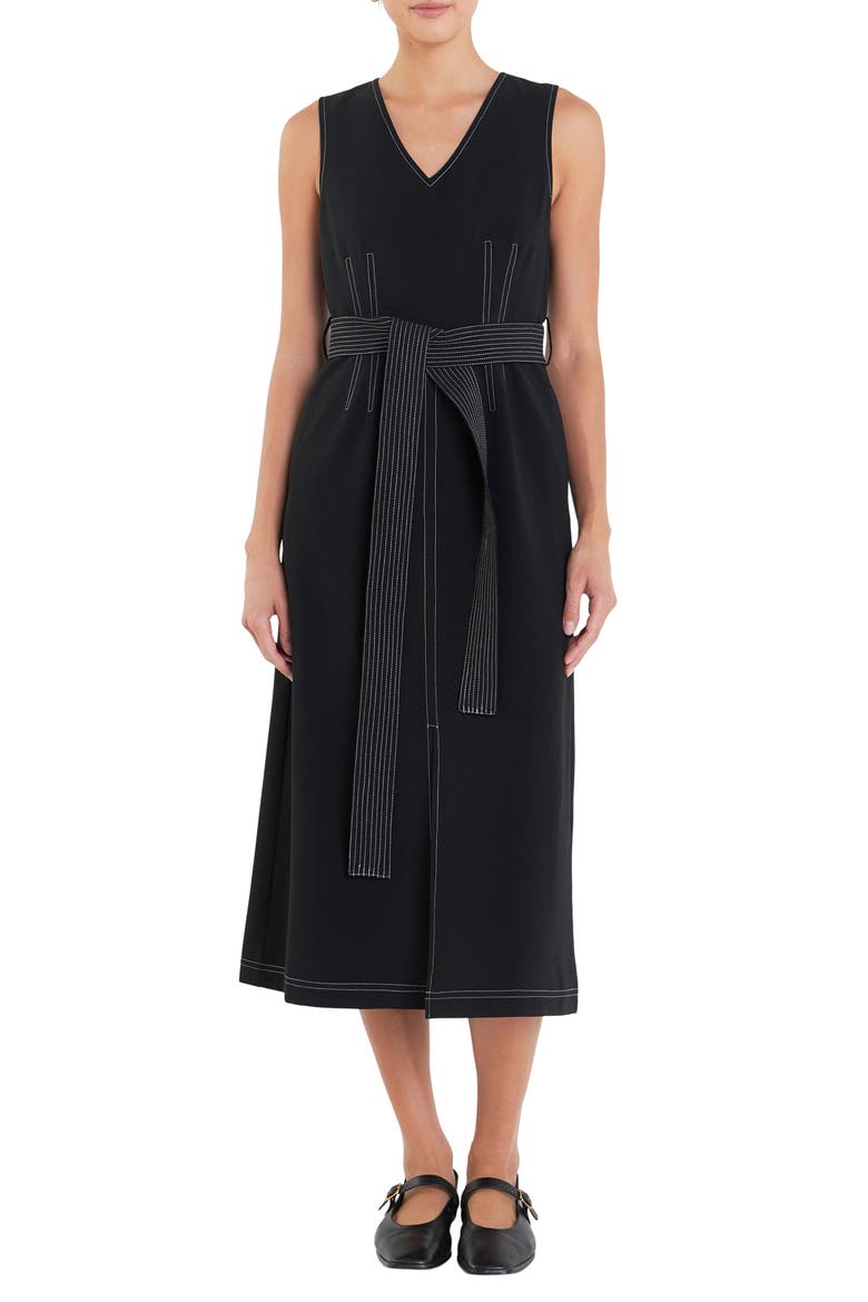 Stitch Detail Tie Belt Dress, Main, color, BLACK