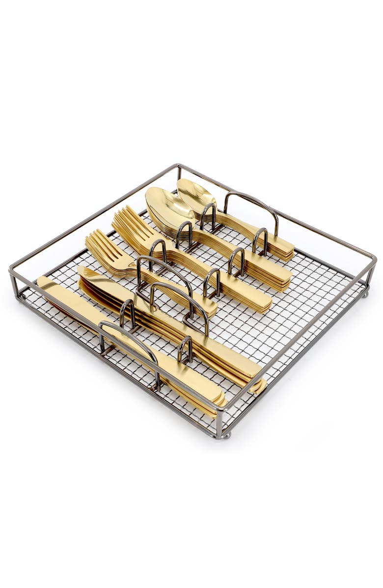 Gibson Home Abbeville 41 Piece Stainless Steel Flatware Set with Wire Caddy, Alternate, color, Metallic Gold