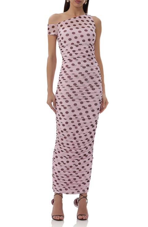 Biona Printed One-Shoulder Ruched Mesh Maxi Dress