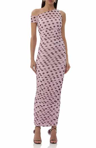 AFRM Biona Printed One-Shoulder Ruched Mesh Maxi Dress