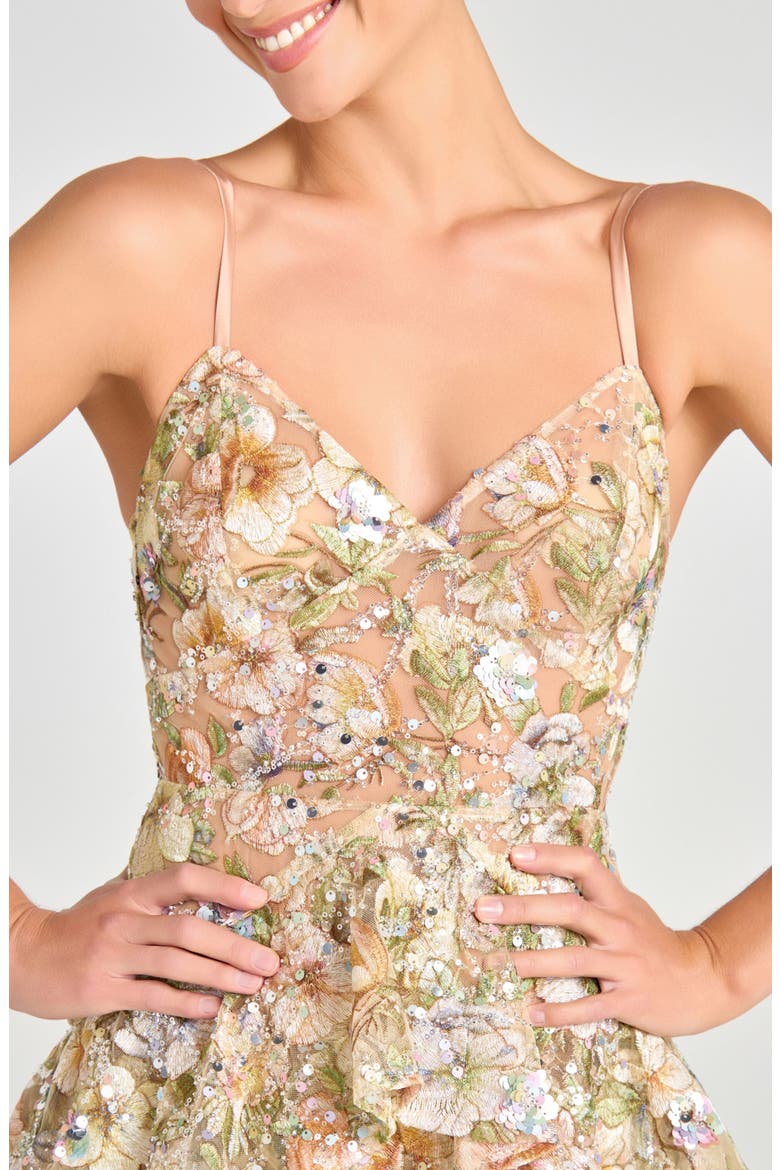 Saffron Beaded Floral Tiered Cocktail Midi Dress, Alternate, color, GREEN