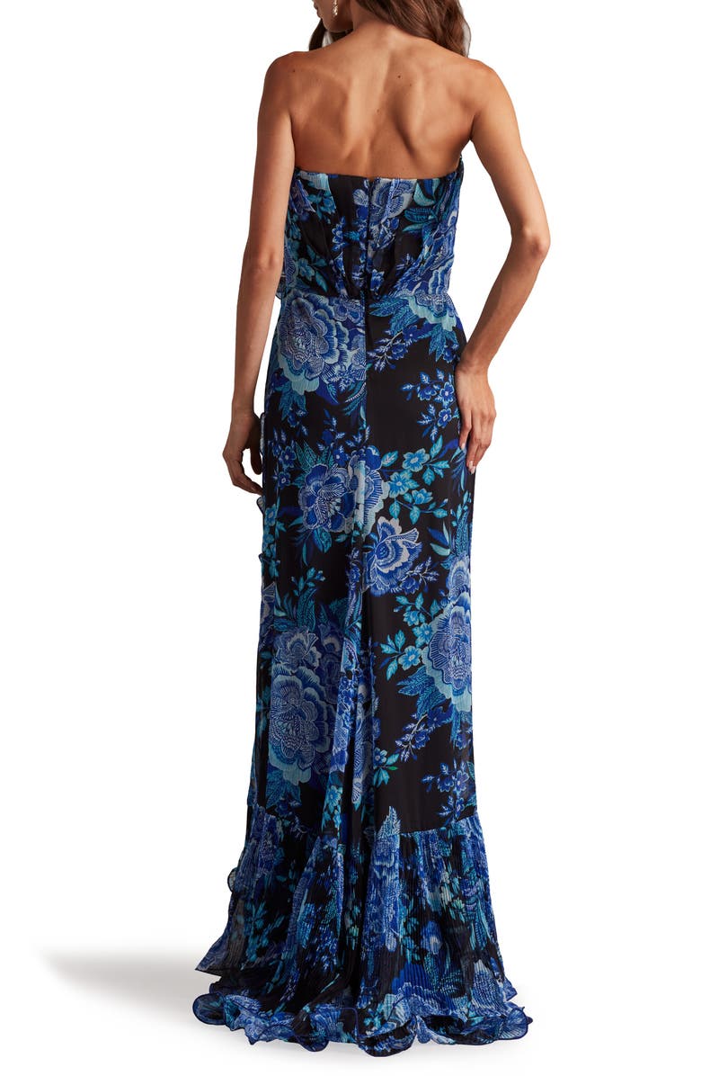 Tadashi Shoji Side Ruffle Strapless Gown, Alternate, color, Black/ Blue Floral
