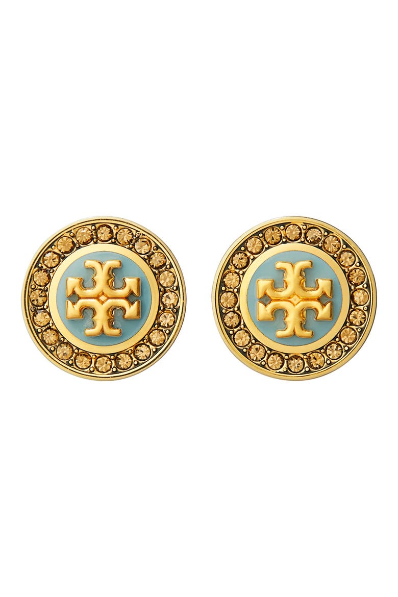 Kira Enamel Pavé Circle Stud Earrings, Main, color, ANTIQUE BRASS/ BLUE MULTI