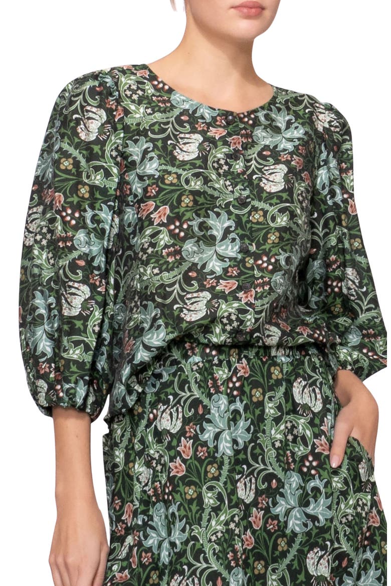 Puff Sleeve Button-Up Shirt, Main, color, GREEN MULTI
