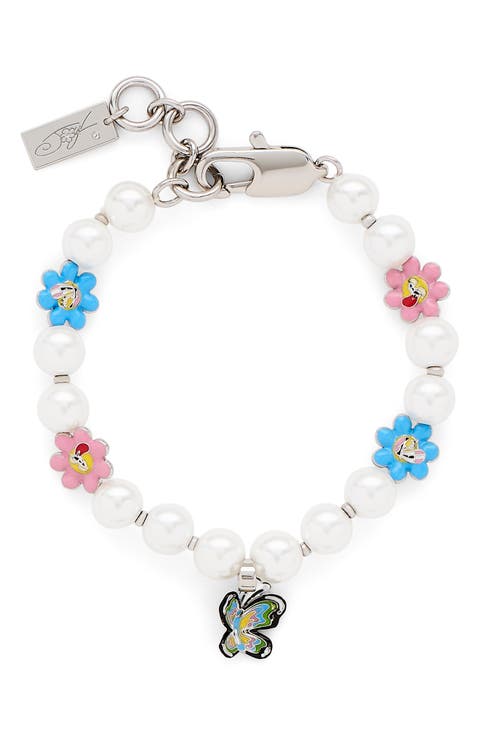 Garden Butterfly Faux Pearl Station Bracelet