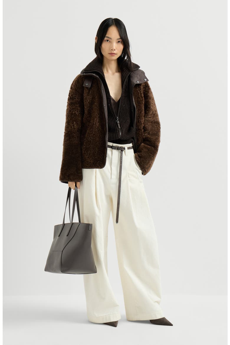 Fuzzy shearling reversible outerwear jacket with monili, Alternate, color, Brown