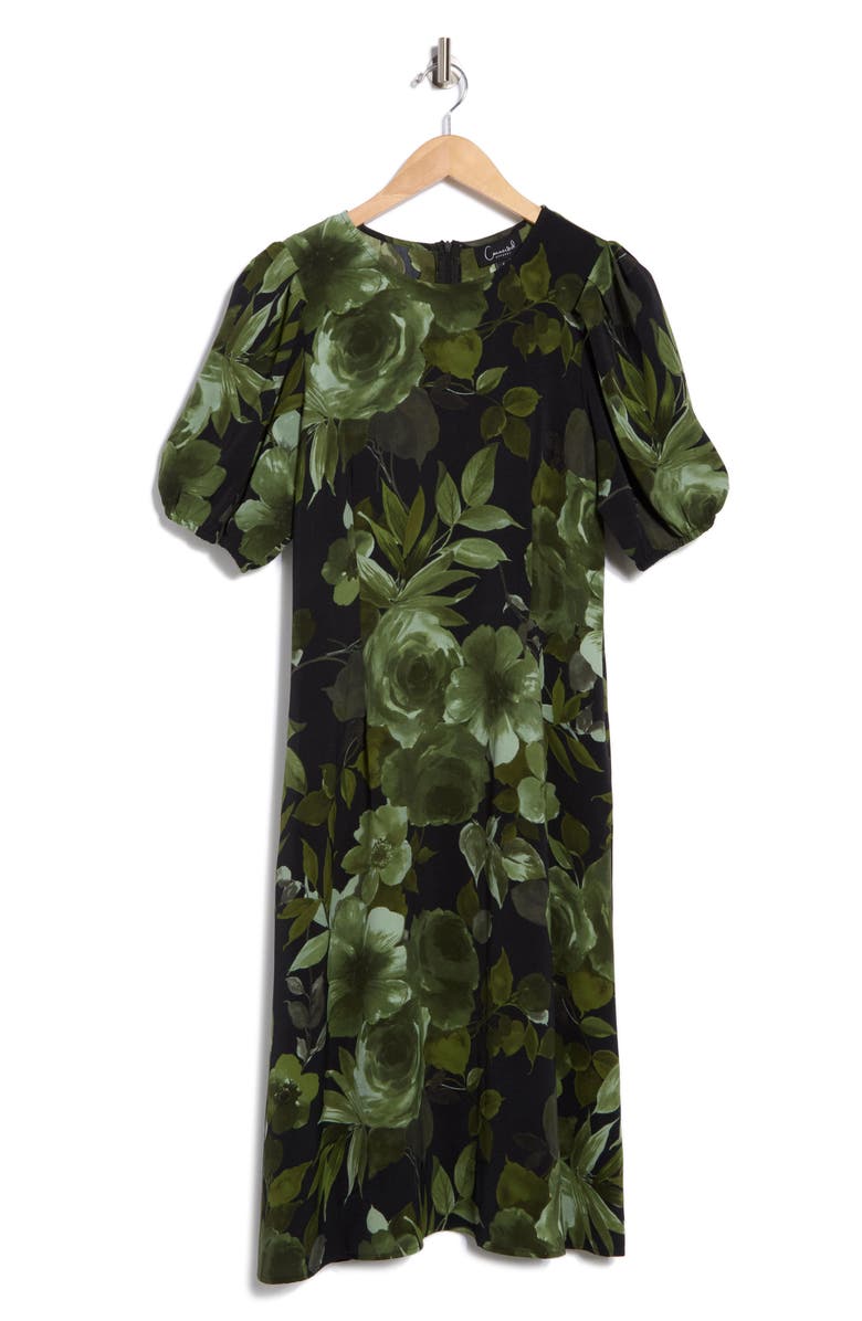 Connected Apparel Floral Puff Sleeve A-Line Dress, Alternate, color, Olive