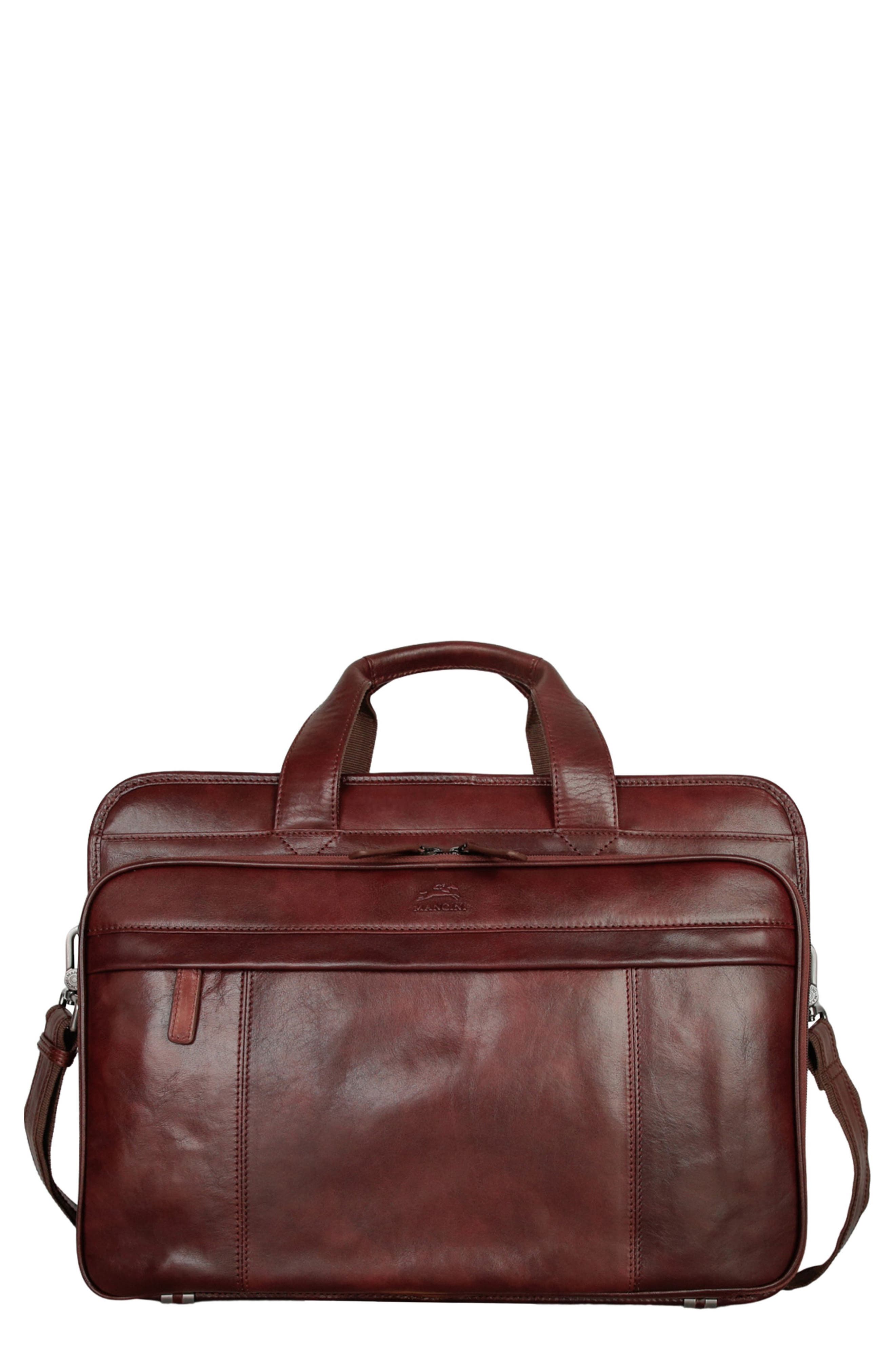 Mancini Double Compartment Leather Briefcase In Brown
