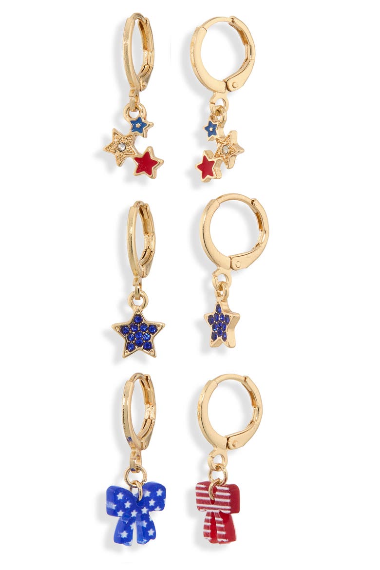 Set of 3 Americana Charm Hoop Earrings, Main, color, RED MULTI- GOLD