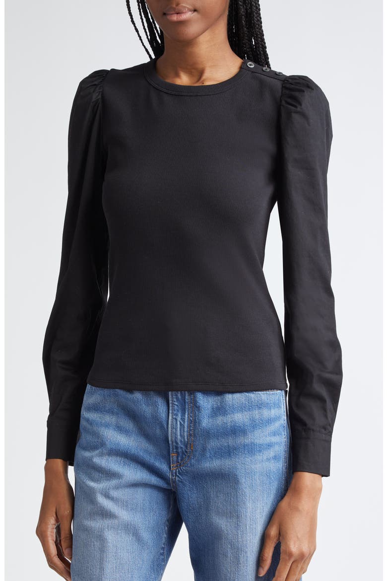 Fersia Mixed Media Balloon Sleeve Top, Main, color, BLACK