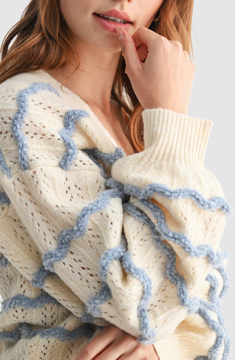 All in Favor Wavy Stripe Pointelle Cardigan, Alternate, color, Cream Blue