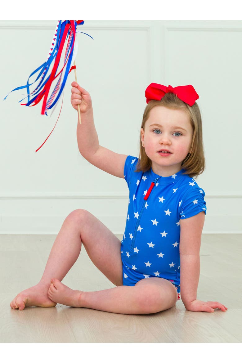 Girls Short Sleeve UPF50+ One Piece Rash Guard, Alternate, color, Shimmer Stars & Stripes
