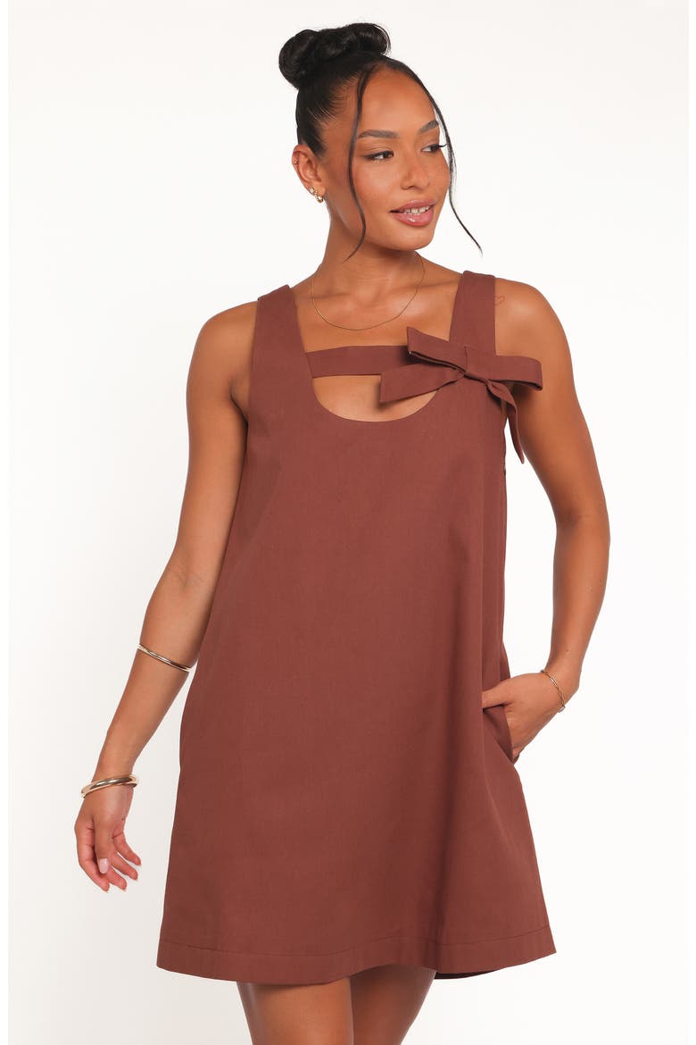 Elyria Bow Cotton Shift Minidress, Alternate, color, BROWN