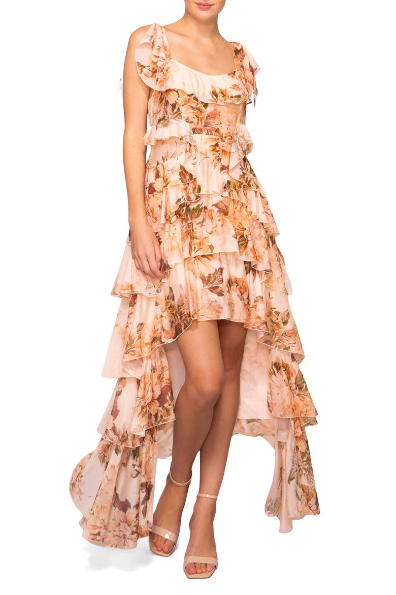 Floral Hig-Low Tiered Maxi Dress, Main, color, PEACH FLORAL