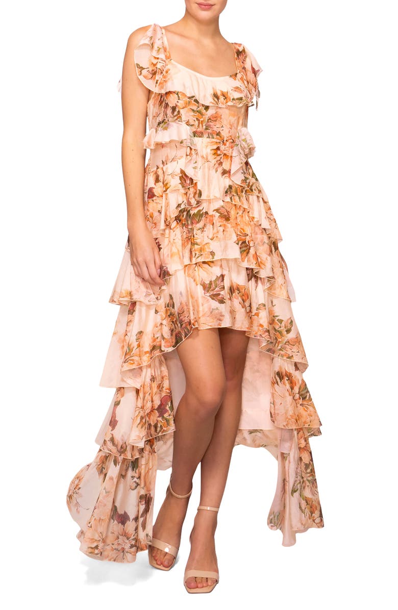 MELLODAY Floral Hig-Low Tiered Maxi Dress, Main, color, Peach Floral