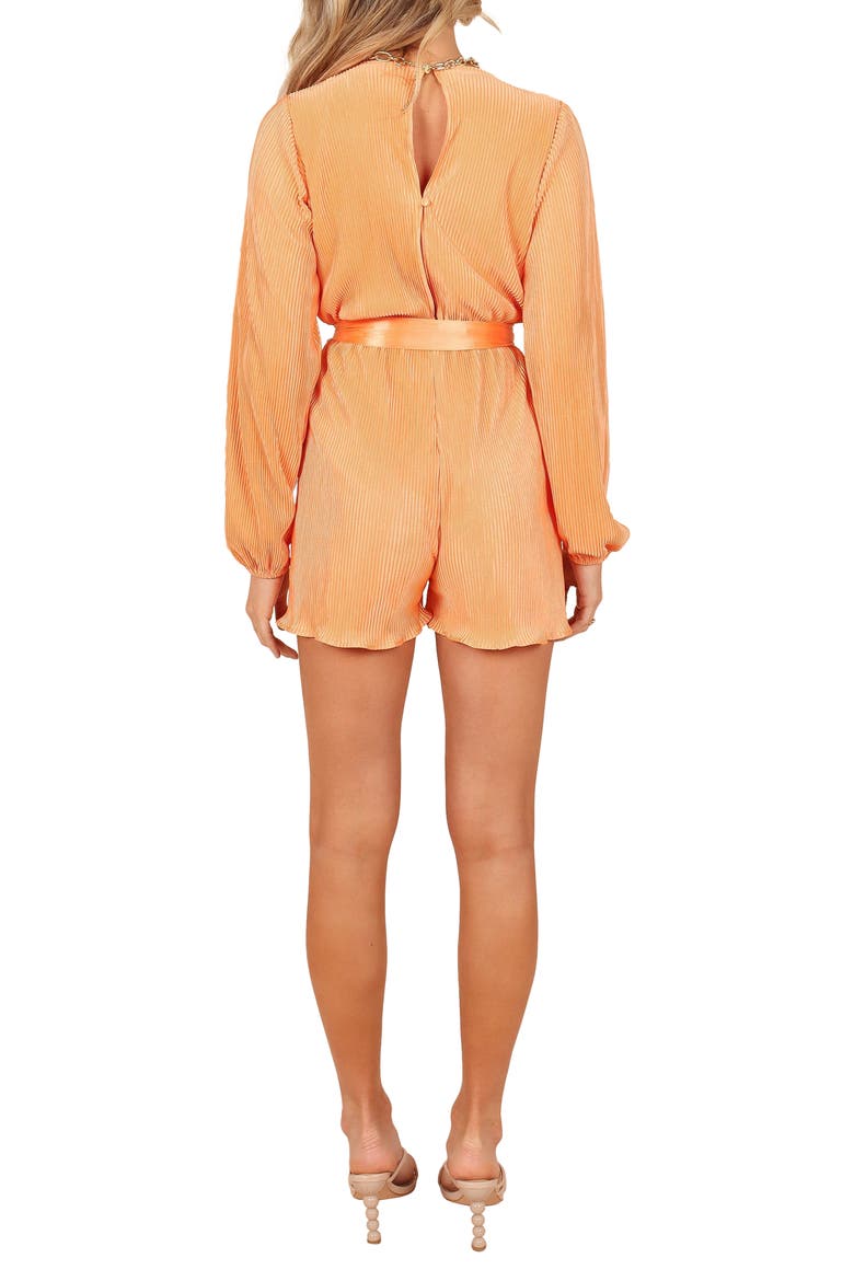 Minelli Pleated Tie Waist Long Sleeve Romper, Alternate, color, ORANGE