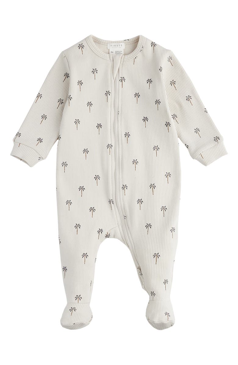 FIRSTS by Petit Lem Palm Tree Print Rib One-Piece Footie Pajamas, Main, color,