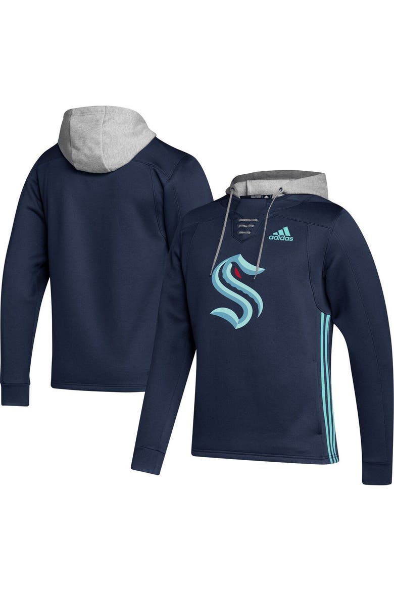 Men's adidas Deep Sea Blue Seattle Kraken Skate Lace Primeblue Team Pullover Hoodie, Main, color, Navy