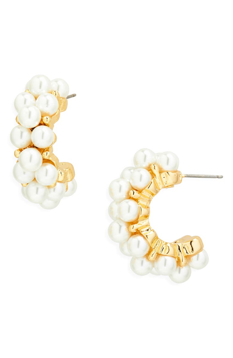 Kenneth Jay Lane Faux Pearl Cluster Hoop Earrings, Main, color, Gold