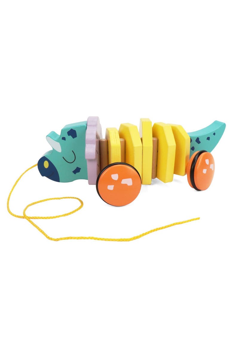 Pull Along Walking Triceratops Wooden Toy - Flexible Dino Walk Along Toy, Pushes and Pulls, Main, color, Yellow