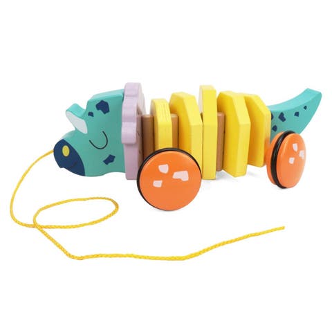 Pull Along Walking Triceratops Wooden Toy - Flexible Dino Walk Along Toy, Pushes and Pulls