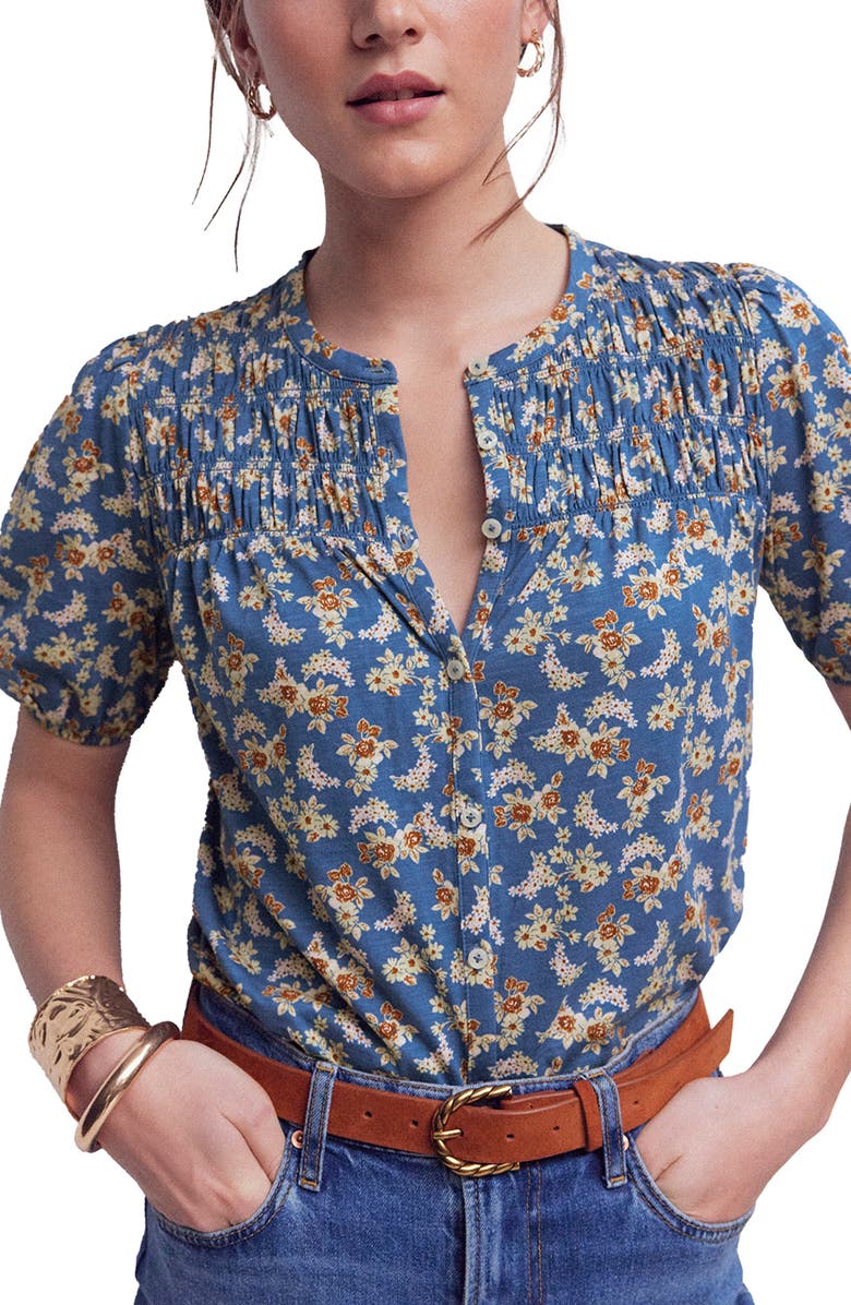Boden Mya Floral Smock Button-Up Shirt, Main, color, True Navy Dainty Blooms