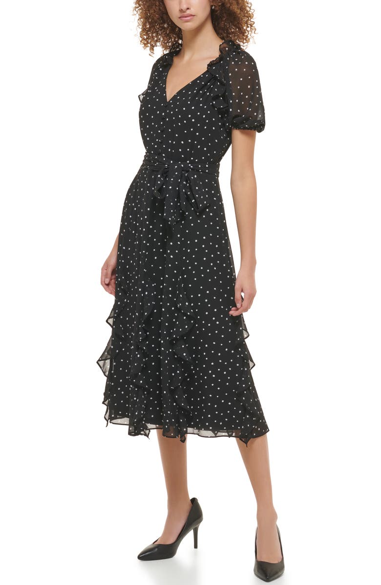 KARL LAGERFELD PARIS Puff Sleeve Ruffle Chiffon Midi Dress, Alternate, color, 