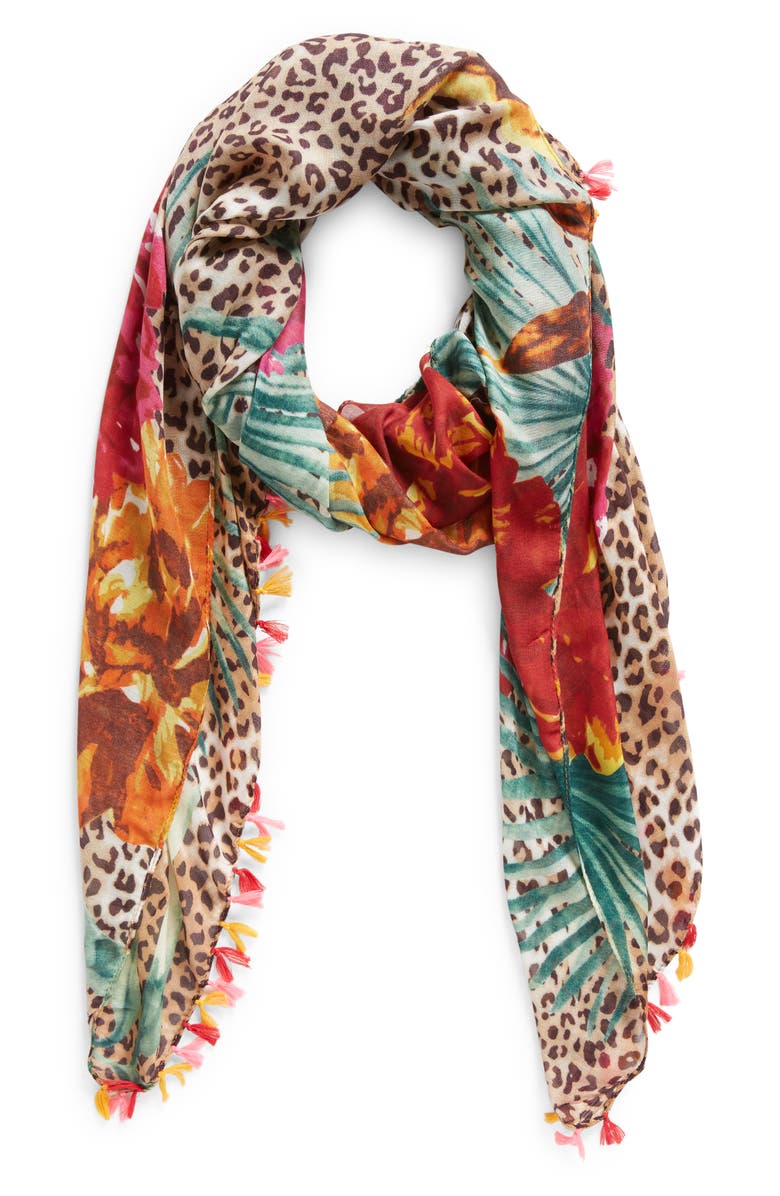 Tasha Leopard Floral Fringe Scarf, Alternate, color,