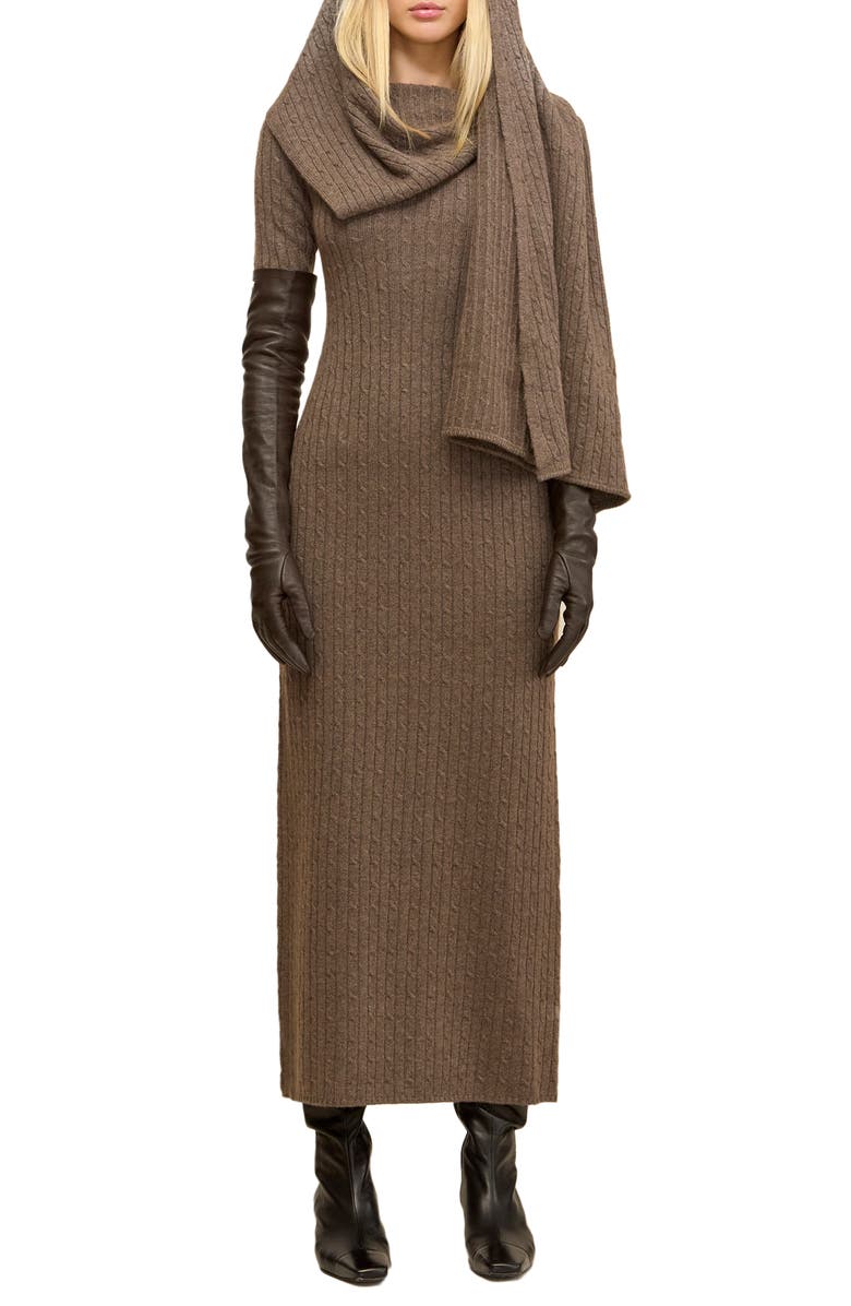 Cult Gaia Natacha Long Sleeve Wool & Cashmere Sweater Dress with Attached Scarf, Main, color, Otter