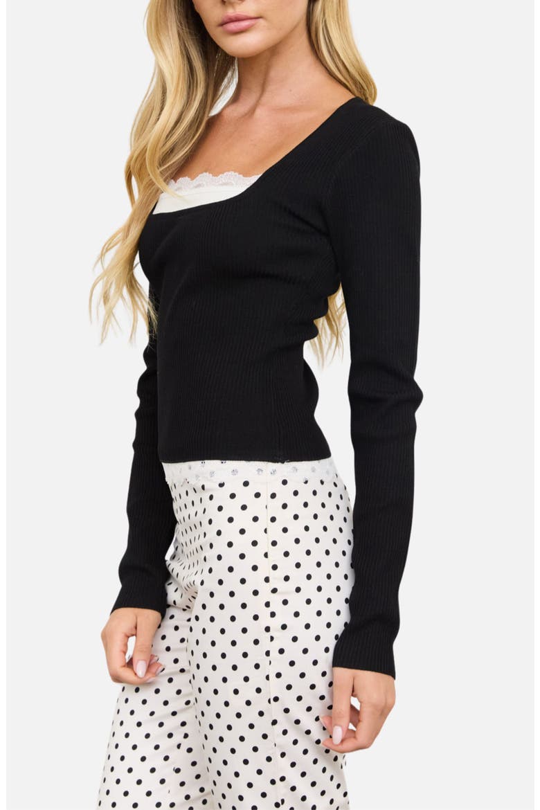 Lace Trim Ribbed Square Neck Sweater, Alternate, color, BLACK
