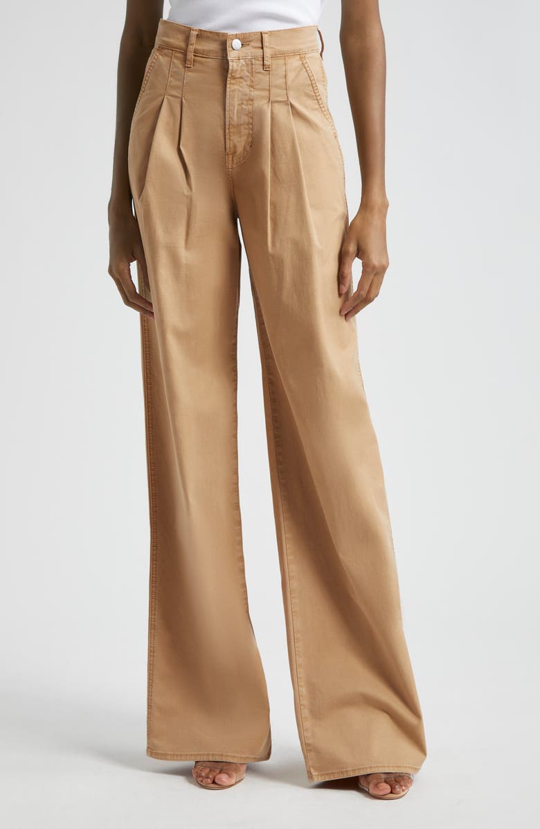 Veronica Beard Mia Double Pleat Wide Leg Stretch Cotton Pants, Main, color, Khaki