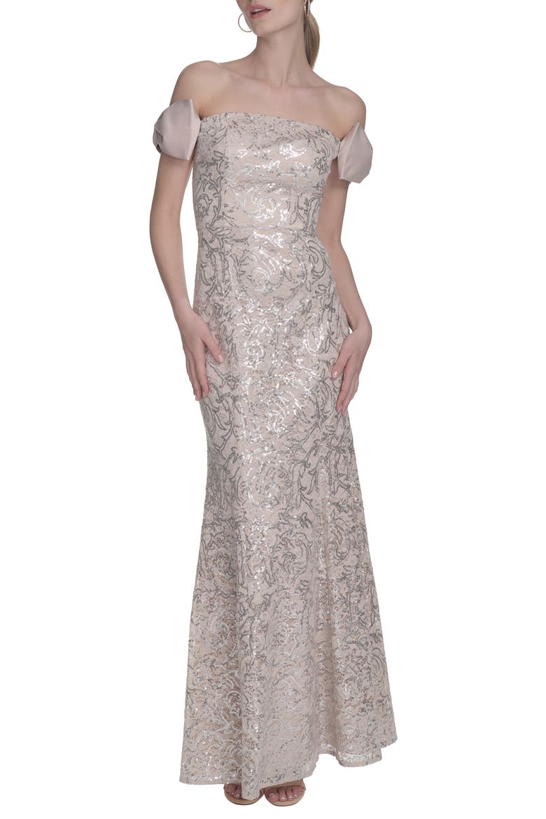 Bow Sequin Off the Shoulder Mermaid Gown, Main, color, CHAMPAGNE